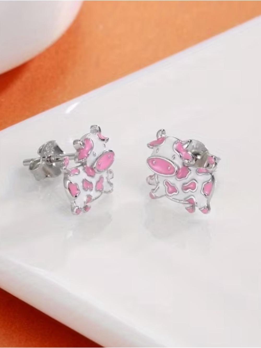 Pink Cow Enamel Stud Earrings - Picture 2 of 3